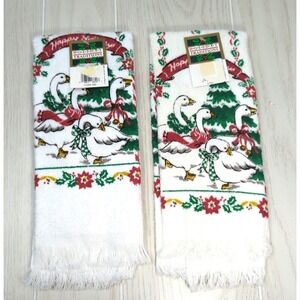 Holiday Traditions Christmas Geese holly leaves trees kitchen towels unused FLAW